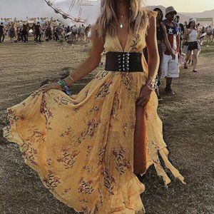 Asos Rahi Cali Yellow Bella Sunkissed Floral Maxi Dress Size Small Boho Festival